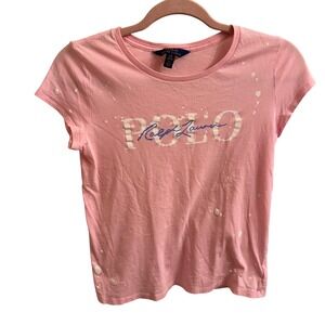 Polo Ralph Lauren‎ T-Shirt Girls L (12-14)Pink Logo Paint Splatter Tee Casual